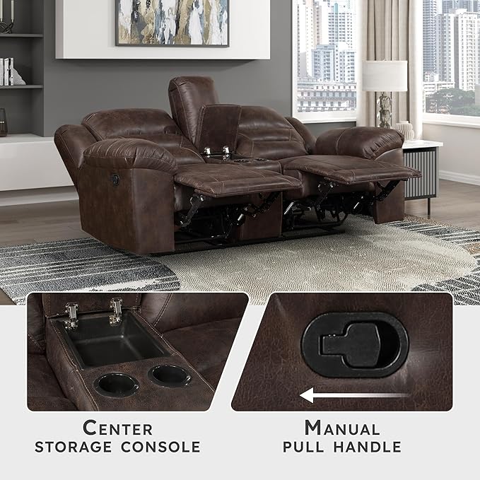 Lexicon Double Recliner Loveseat with Center Console Wall Hugger Manual Reclining Couch Textured Microfiber Upholstered Dual Reclining Love Seat Home Theater Seating Required Assembly Dark Brown