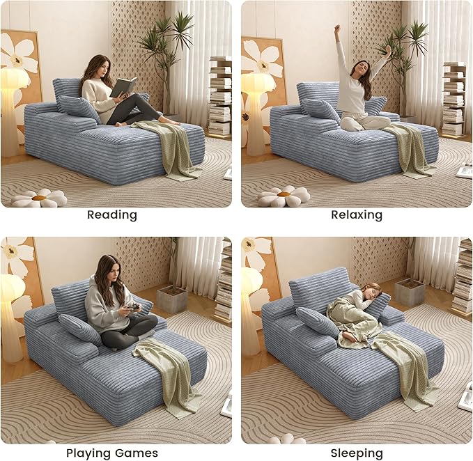 67'' Chaise Lounge Chair Indoor Oversized Boneless Sofa Bed Fluffy Corduroy Sleeper Sofa for Apartment Bedroom Living Room Comfy Cloud Boneless Couch Reading Recliner No Assembly Light Grey