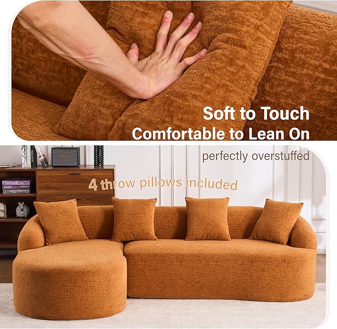 DEINPPA L Shape Modular Couch 3-Seater Chenille Comfy Couch with Throw Pillows Modern Cloud Sofa for Living Room Apartment-Orange