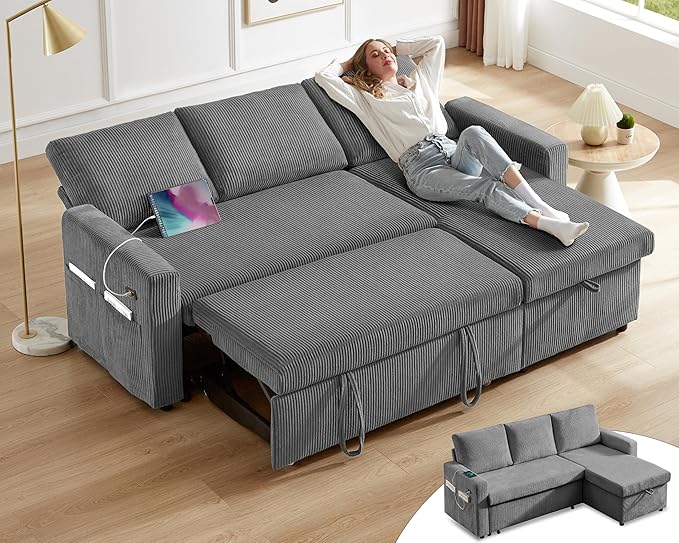 Vipbear 80 Sectional Sleeper Sofa Bed with Pull Out Bed L Shaped Couch Pull Out Couch with Reclining Backrest Reversible Storage Chaise USB Ports Tool-Free Assembly Corduroy Dark Grey