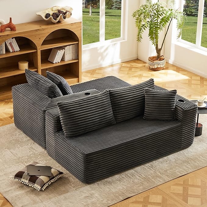Modular Compressed Sectional Sofa Set – Velvet Corduroy Upholstery Convertible Couch with Cup Holders and Pillows for Living Room Grey