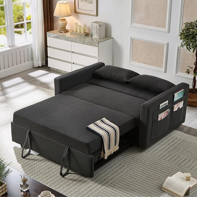 55.5 Fabric Convertible Sofa Bed Pull Out Sleeper Sofa Bed Loveseat Couch with Side Pocket 3 in 1 Convertible Sleeper Sofa Bed for Living Room Apartment Bedroom RV Black
