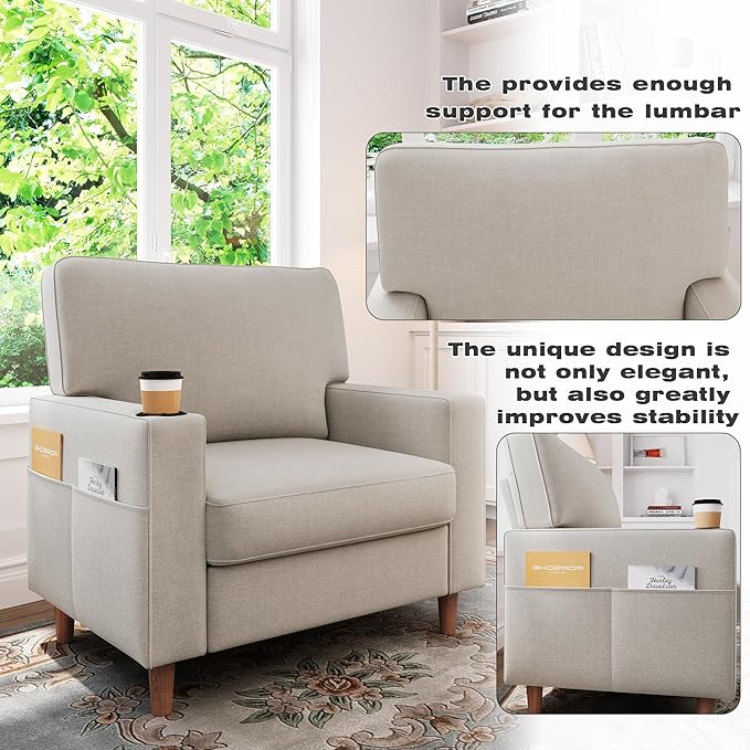 Actinidia Oversized Accent Chair with Cup HoldersMid Century Modern Upholstered Living Room ChairHigh Back Single Sofa ChairReading Armchair for Bedroom Apartment Waiting Room OfficeBeige