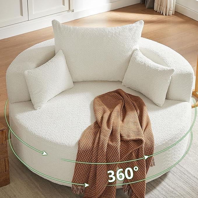 55.1 W Oversized Swivel Accent Chair Large 360° Rotating Barrel Chair with 6 Pillows Comfy Chenille Round Swivel Armchair for Living Room Bedroom Beige