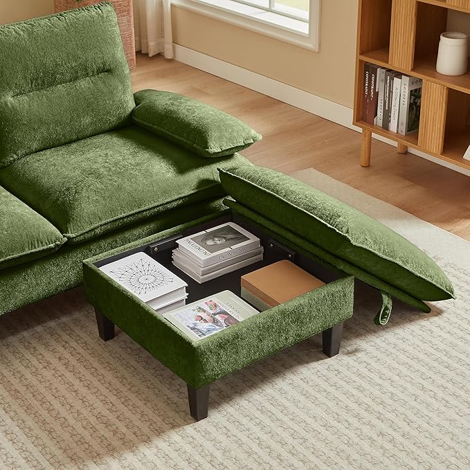 86'' Chenille Sofa with Storage Ottoman Modern Living Room Sofa with Removable Washable Cushion 3 Seater Comfy Couch for Apartment Bedroom Office (Green)