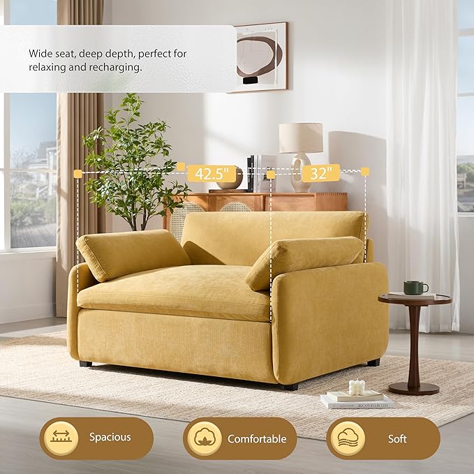 50*43 Oversized Chenille Single Sofa ChairWide and Deep Seat Accent ChairModern Upholstered Comfy ArmchairColor Blocking Couch Lounge with Pillows for Living RoomApartmentBedroom Yellow