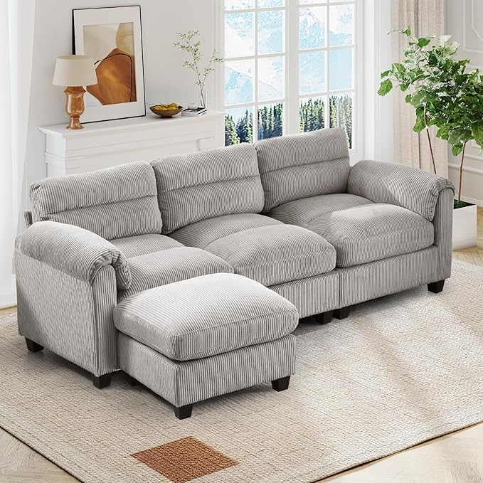 90 Wide Modular L Shaped Sofa Couch with Movable Ottoman Convertible Corduroy Sectional Couches with Reversible Chaises and Rolled Arm for Living Room Grey