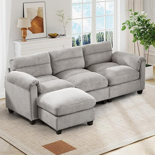 90 Wide Modular L Shaped Sofa Couch with Movable Ottoman Convertible Corduroy Sectional Couches with Reversible Chaises and Rolled Arm for Living Room Grey