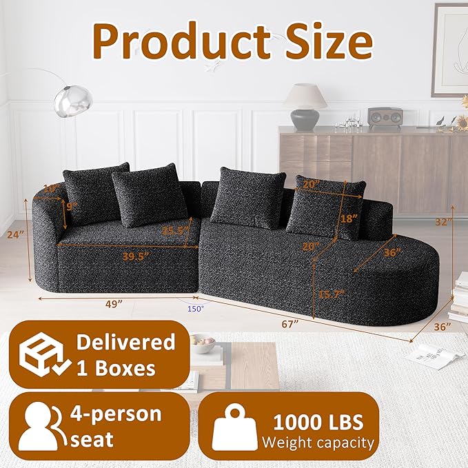 112 Modern Cloud Sectional Sofa Chenille 4-Seater Curved Couch with 4 Pillows Extra Deep &amp Wide Seat No-Assembly Compressed Upholstered Living Room Sofa for BedroomApartmentBlack Left
