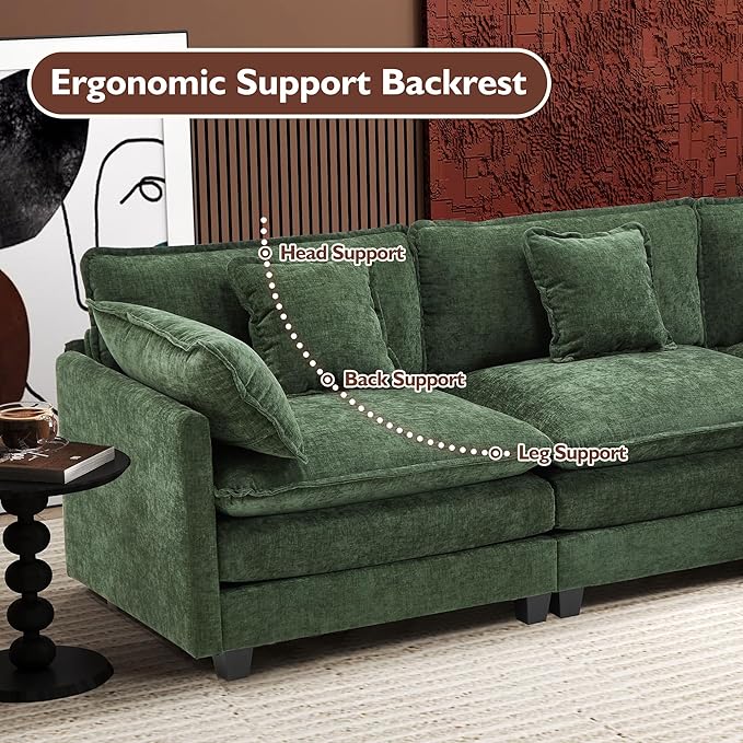 Ihanherry 111.4 L Shaped Modern Sofa Modular Sectional Cloud Couch with Ottoman 4-Seat Chenille Deep Seat Sofa with Pillow for Living Room Bedroom and Apartment Green
