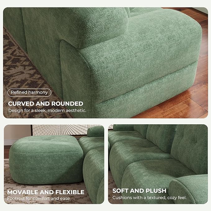 112'' Modular Sectional Sofa Couch with Chaise Full-Foam Structure Compression Packaging Design Woven Texture Upholstery Oversized Modern Sofa for Living Room – Sage Green
