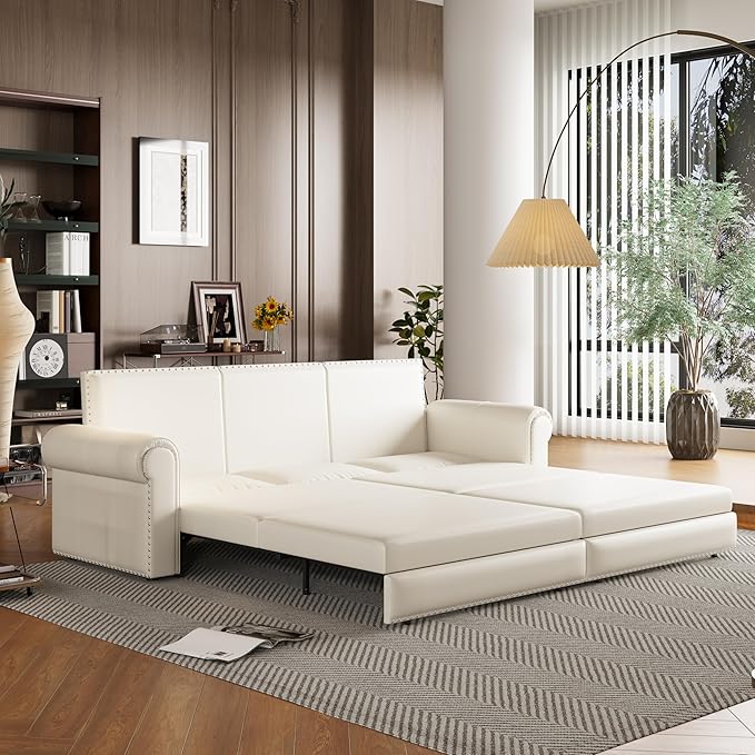 93.7 Chesterfield 3 Seater Pull Out Sofa Bed King Size with Pillows PU Leather 3-in-1 Convertible Sleeper Couch with Nails Trim Space Saving for Living Room Cream White