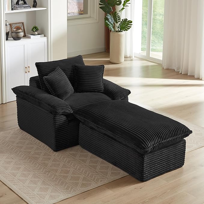Oversized Chaise Lounge Chair Boneless Sofa Couch Upholstered Lounge Sofa Chair with Ottoman Indoor Corduroy Deep Seat Sleeper Chair for Living Room No Assembly Required Black