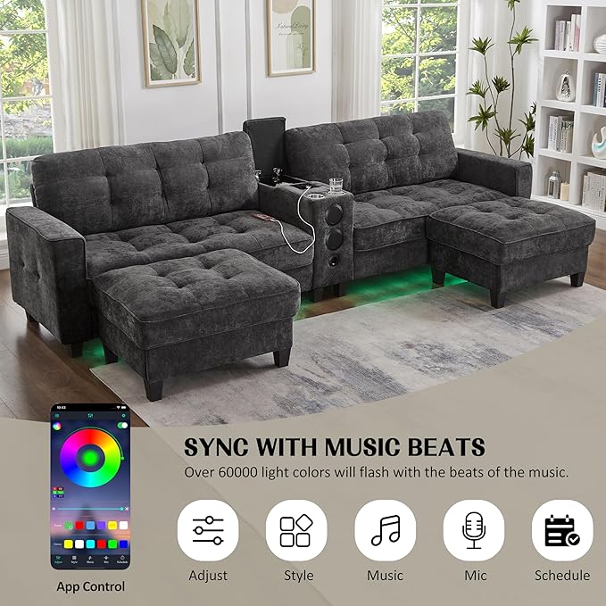 Merax Modern U-Shaped Sectional Sofa with Cupholders Charging Station and Multifunctional Console Chenille Upholstered Modular Couch &amp Movable Storage Ottomans for Living Room Apartment Grey