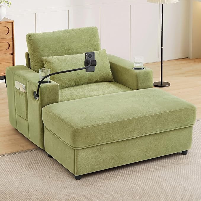 Eafurn 42.5 Oversized Accent Chair with Storage Ottoman Convertible Chaise Lounge Chenille Upholstered Cloud Sofa Chair w/Cupholders and USB Ports Modern Extra Wide Armchair