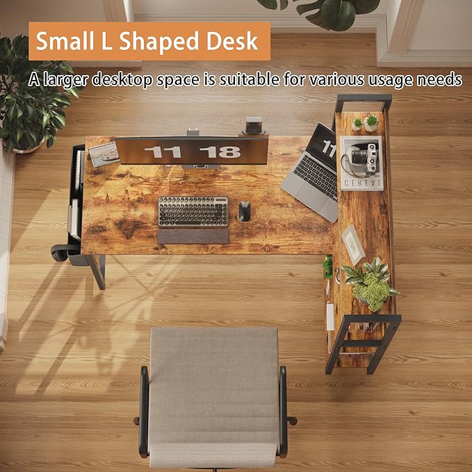 Treesland 47 Inch Computer Desk with Bookshelf Corner Desk with Storage L Shaped Desk Home Office Desks Writing Study Desk for Bedroom Brown