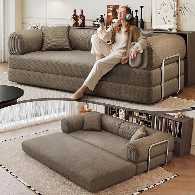 79 Convertible Sleeper Sofa Bed Modern Corduroy Floor Couch Bed with Silver Fixed-Shape Frame Modular Sofa Couch with Pull Out Bed Loveseat Sleeper Boneless Couches for Living Room Camel