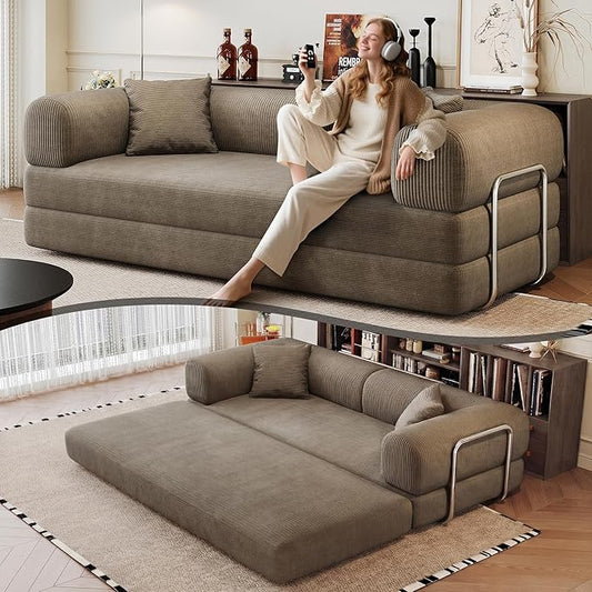 79 Convertible Sleeper Sofa Bed Modern Corduroy Floor Couch Bed with Silver Fixed-Shape Frame Modular Sofa Couch with Pull Out Bed Loveseat Sleeper Boneless Couches for Living Room Camel