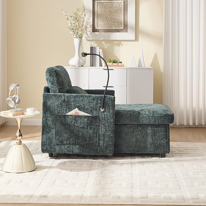 Multifunctional Sofa Recliner Chairs with Storage Cell Phone Bracket Chenille Recliner Chair Bed with Side Pockets and High Backrest Modern Living Room Single Lounge Chair (Emerald)