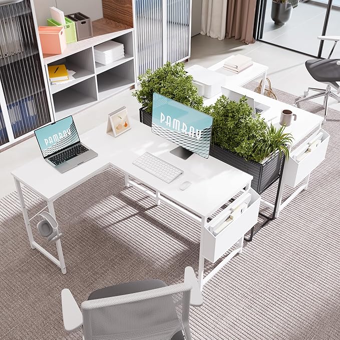 Pamray 47 Inch Reversible L Shaped Gaming Desk Corner Computer Desk with Storage Bag Home Office Table for Writing Study White