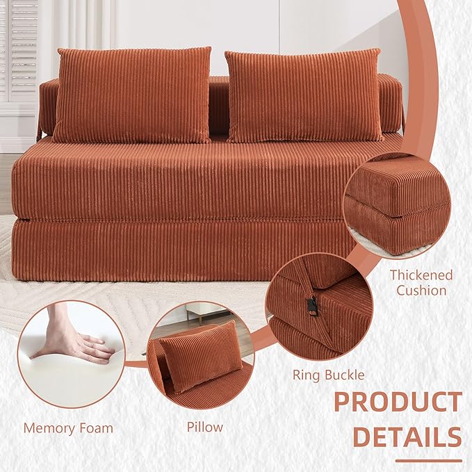 GNIXUU Fold Out Couch 3-in-1 Convertible Futon Sofa Bed with 2 Pillows Corduroy Foldable Floor Chair Boneless Loveseat Couches for Living Room Bedroom Small Spaces Orange