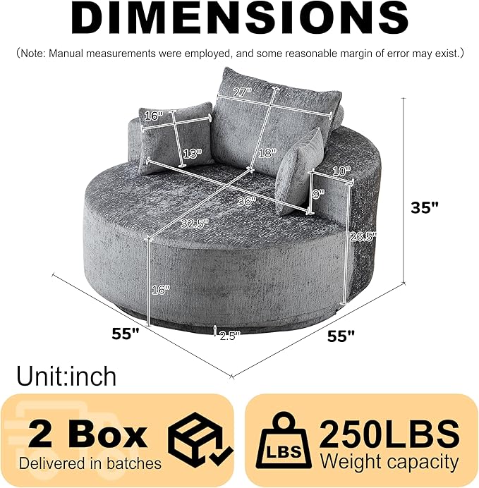 55 Oversized 360 Degree Swivel Chair Modern Round Chair Chaise Lounge Upholstered Chenille Swivel Accent Chair with Deep Seat Single Sleeper Sofa for Living Room (Grey Swivel - Classic Chenille)
