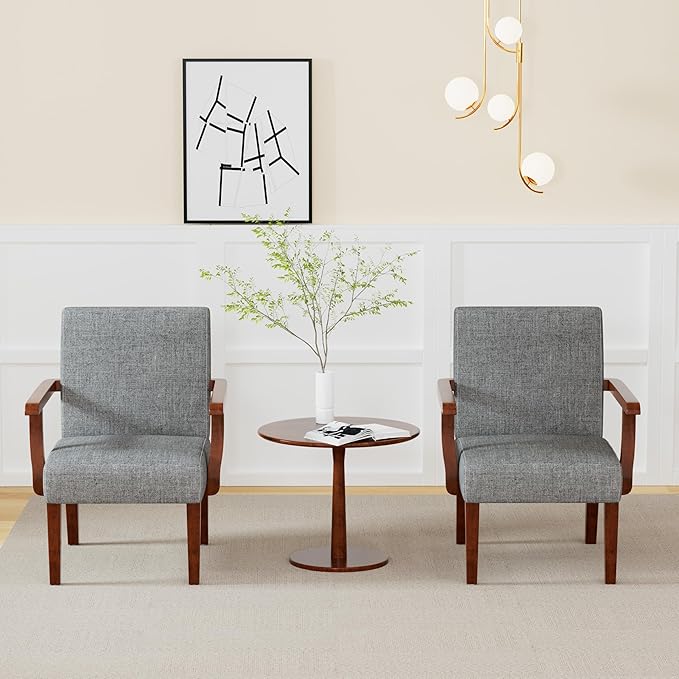 Accent Chairs Set of 2 with Side Table Modern Accent Armchair with Fabric Upholstered and Solid Wood Armrest Reading Leisure Arm Chair for Living Room Bedroom Waiting Room (Grey)