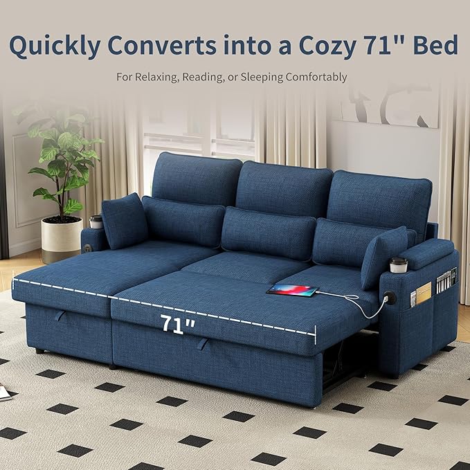 81 L-Shaped Sectional Sofa Couch Pull-Out Sleeper Sofa Bed with Storage Chaise Double Cup Holders Dual USB Charging Ports Couches for Living Room Apartment