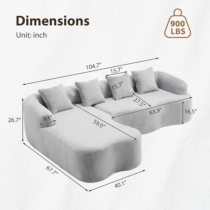 104.7 L-Shaped Modular Sectional Sofa with Curved Chaise 4-Seater Chenille Couch with Deep Seats &amp Wide Armrests Modern Luxury Boneless Cloud Sofa for Living Room Apartment Pearl Grey