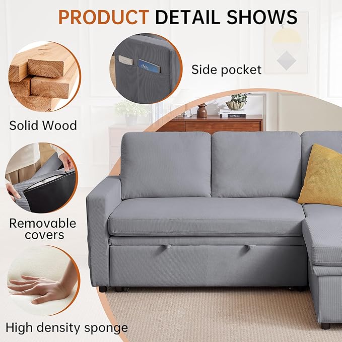 79 Sectional Sofa Couch L Shaped Sleeper Sofa Bed with Reversible Storage Chaise Side Pockets Durable Cushions Convertible Pull Out Bed Couch for Living Room Light Grey