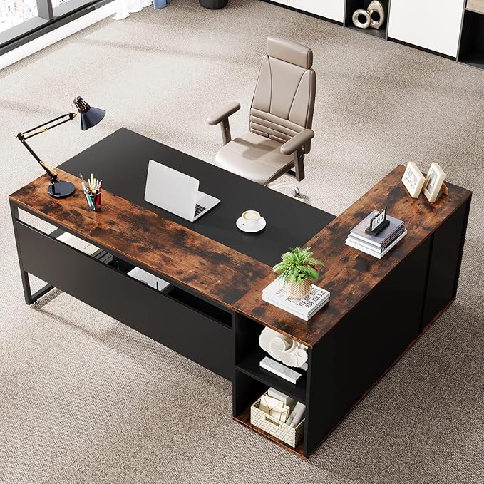 LITTLE TREE Large Computer Desk with File Cabinet 71 inch Executive Desk L Shaped Office Desk Business Furniture Desk Workstation for Home Office Brown