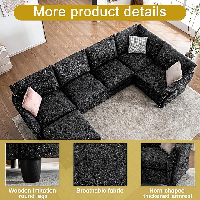 124.4 U Shaped Sectional Couches with Storage Ottoman 6 Seater Chenille Upholstered Modular Sectional Sofa Cloud Couch Sectional Sectional Couches for Living Room Bedroom &amp Apartment (Black)