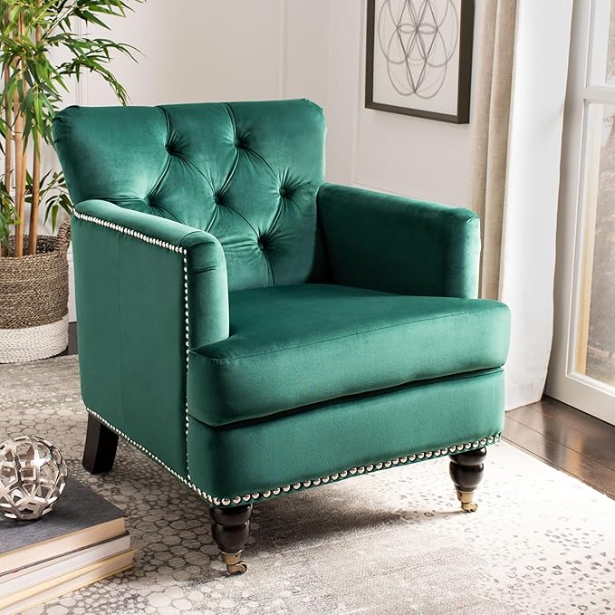 Safavieh Home Colin Emerald Green Velvet and Espresso Tufted Club Chair