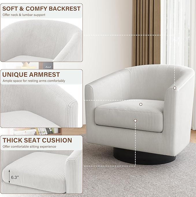 Lumibee Swivel Accent Barrel Chairs Upholstered Comfy Swivel Round Barrel Chair 360° Rotation Single Sofa Club Armchair for Living Room Reading Room Bedroom Corduroy Beige