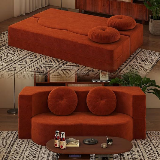 2-in-1 Full Size Convertible Floor Sleeper Couch Sofa Bed78”Folding Boneless Large Futon Loveseat Sofa with 2 Pillows Foam-Filled Compression Guest Couches Bed for Living Room (Orange)