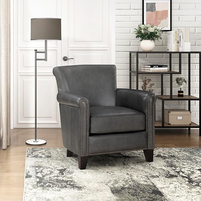 Lexicon 100% Top Grain Genuine Leather Chair Leather Accent Chairs for Living Room Solid Wood Frame Rolled Armrest &amp Nailhead Trim Comfy Reading for Bedroom Office Waiting Room Classic Gray
