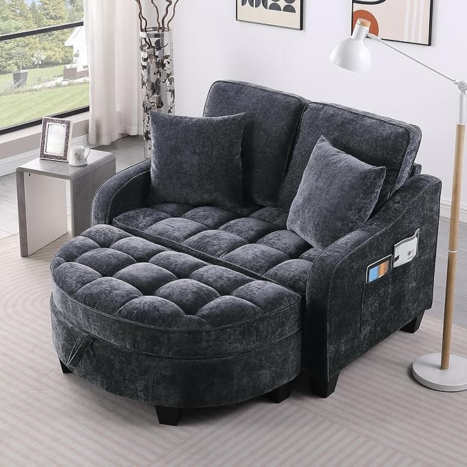Modern Double Sofa Chaise Longue with Irregular Armrests and Backrests Footrest with Storage Space Sofa Bed for Living Room Bedroom Office (Black/D1)