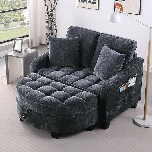 DEINPPA Oversized Accent Sofa Chair with Storage Ottoman Chenille Upholstered Comfy Chair with Throw Pillows for Living Room Reading Room Bedroom-Black