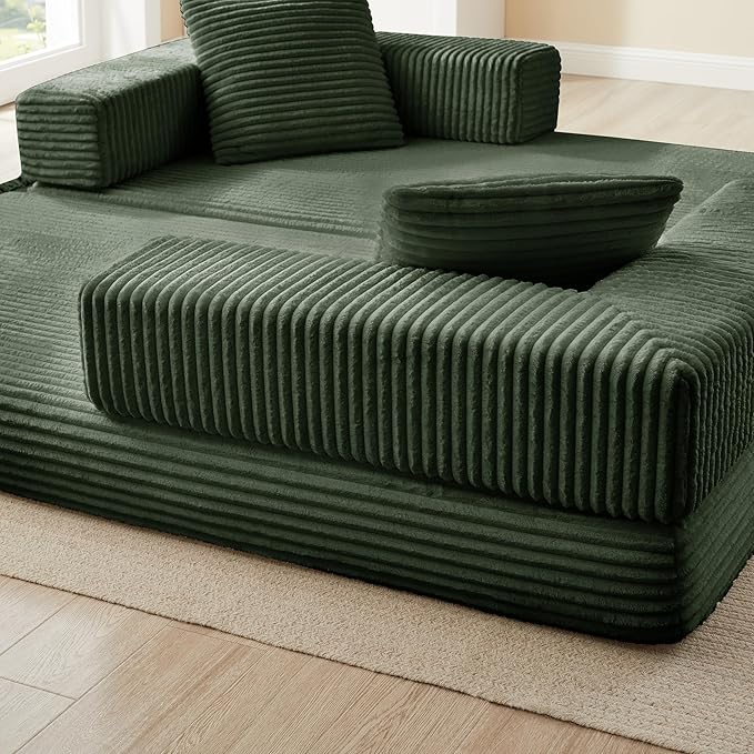 81'' Futon Sofa Bed Folding Floor Couch Bed Corduroy Fabric Boneless Couch Compressed Boneless Sofa in a Box Comfy Sleeper for Living Room-Green