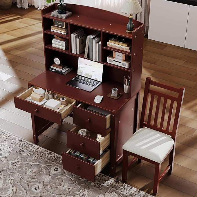 Wooden 40'' Home Office Desks with Bookshelf and Upholstered Chair Versatile Writing Desk Office Study Workstation with 4 Drawers and Storage Shelf for Office Study Room Bedrooms (Espresso-Wood)