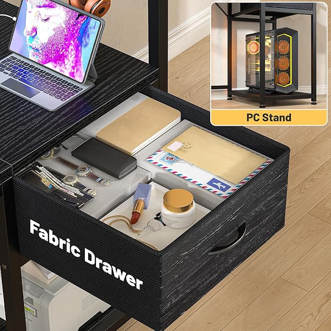 EnHomee 48 Gaming Desk with LED Lights &amp Power Outlets Home Office Desk with Monitor Stand Computer Desk with Drawer &amp Storage Shelves for Living Room Study Room Gaming Room Black