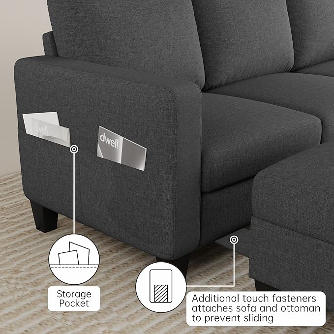 Sectional Sofa and Couches for Living Room 78'' Dark Grey 3 Seat L-Shaped Couch with Movable Ottoman Comfy Linen Convertible Sectionals Sofas with Chaise for Apartment Dorm Small Space