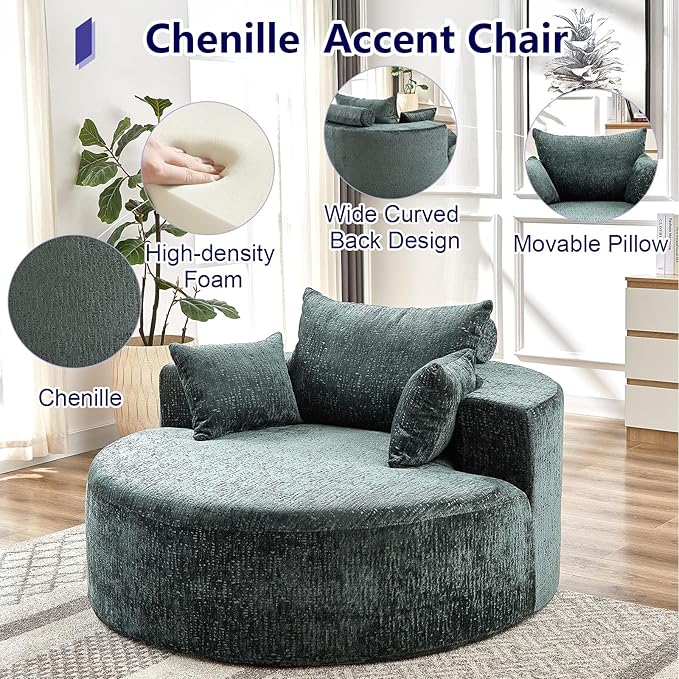 55''L Chenille Sponge Single Modern Oversized Round Armchair Fluffy Recliner for Living Room Lounge and Projection Room Wide Armrest Lounge Chair with Pillow Green