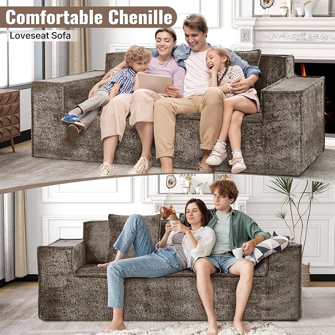 77'' Chenille Upholstered Modern Cloud Loveseat Sofa No Assembly Required Deep Seat Couches Includes 2 pcs Pillows for Living Room Bedroom Apartment(Brown)