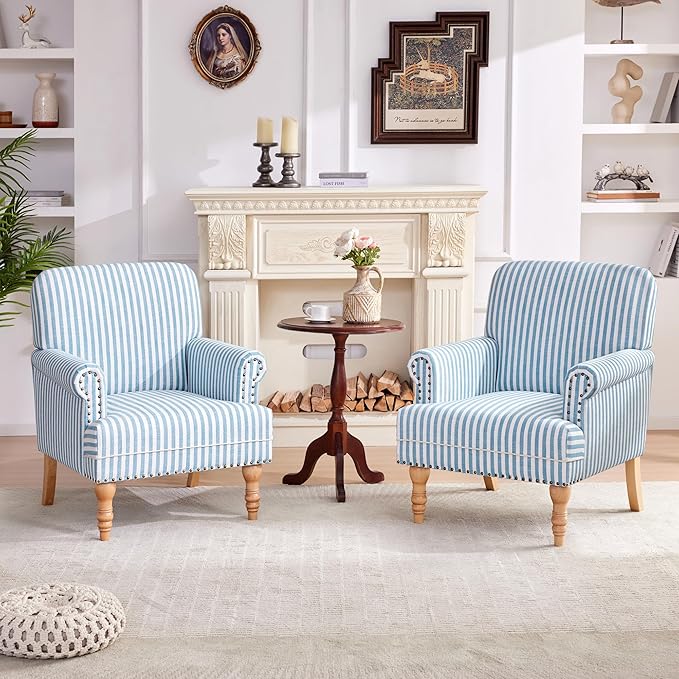 HUIMO Linen Fabric Accent Chairs Set of 2 Mid-Century Modern Armchair with Solid Wood Legs Single Sofa ChairUpholstered Reading Club Chair (2 Blue and White Stripe)