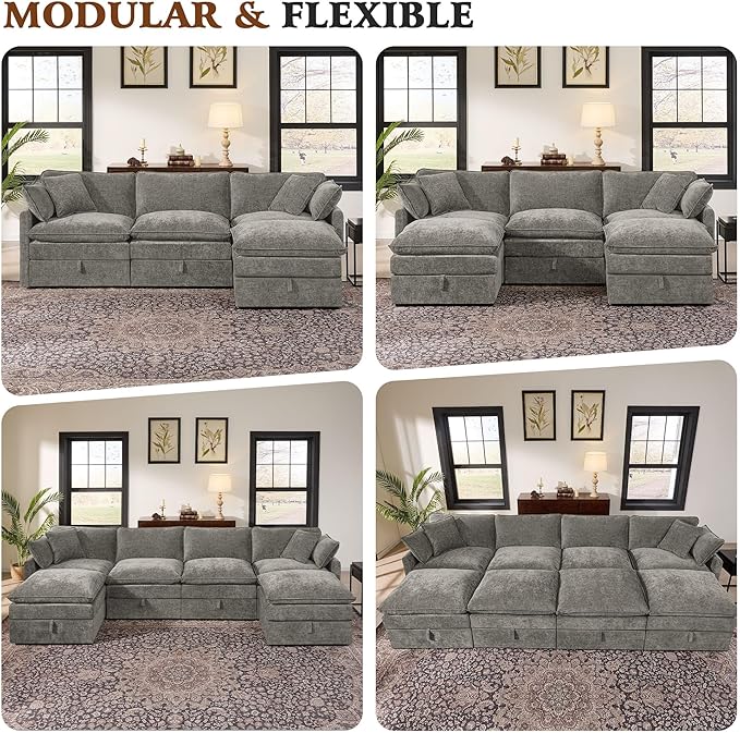 Ihanherry Oversized Sectional Sofa Bed with Storage 103 6-Seater Modular Cloud Couch with Movable Ottomans Chenille Deep Seat Sleeper Couches for Living Room (Grey)