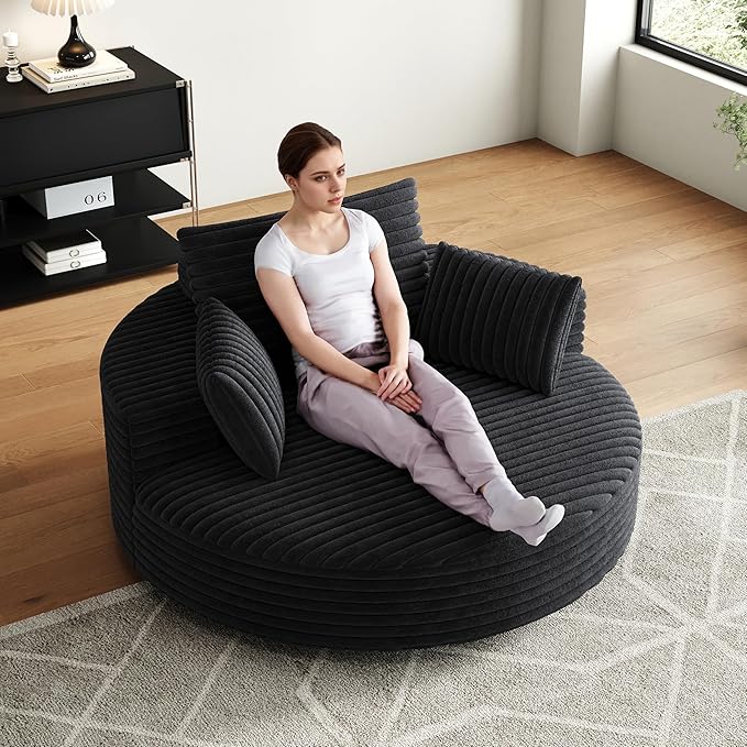 KEIKI 55 Oversized 360 Degree Swivel Chair Large Barrel Chairs Upholstered Round Swivel Chair Corduroy Single Sofa Armchair Sleeper Chair for Living Room Lounge Black