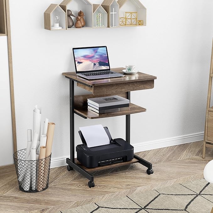 Topeakmart Rolling Computer Desk for Small Spaces Laptop Computer Desk with Wheels Mobile Standing Desk Compact Student Bedside Table Taupe Wood