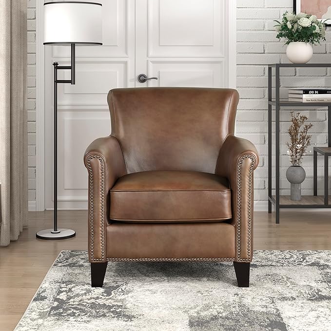 Lexicon 100% Top Grain Genuine Leather Chair Leather Accent Chairs for Living Room Solid Wood Frame Rolled Armrest &amp Nailhead Trim Comfy Reading for Bedroom Office Waiting Room Classic Brow