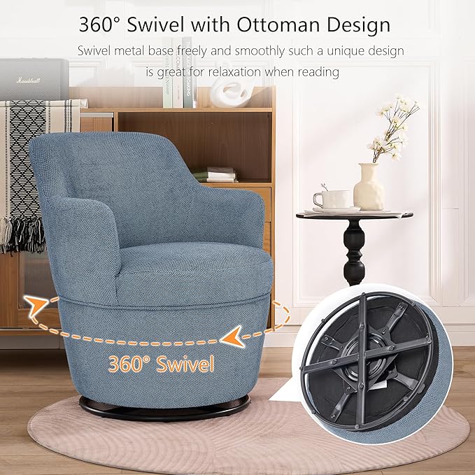 Swivel Accent Chair with Ottoman Fabric Small Barrel Chair with Footstool Modern Round Bedroom Chair for Living Room Blue